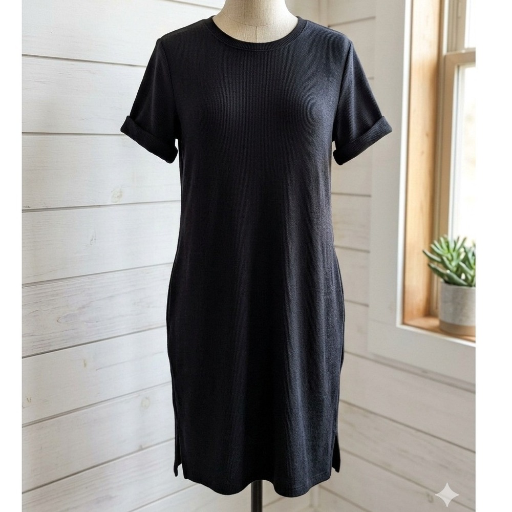 Athleta Shirt Dress Black Cotton‎ Terry Knit Short Sleeve Casual Lounge L